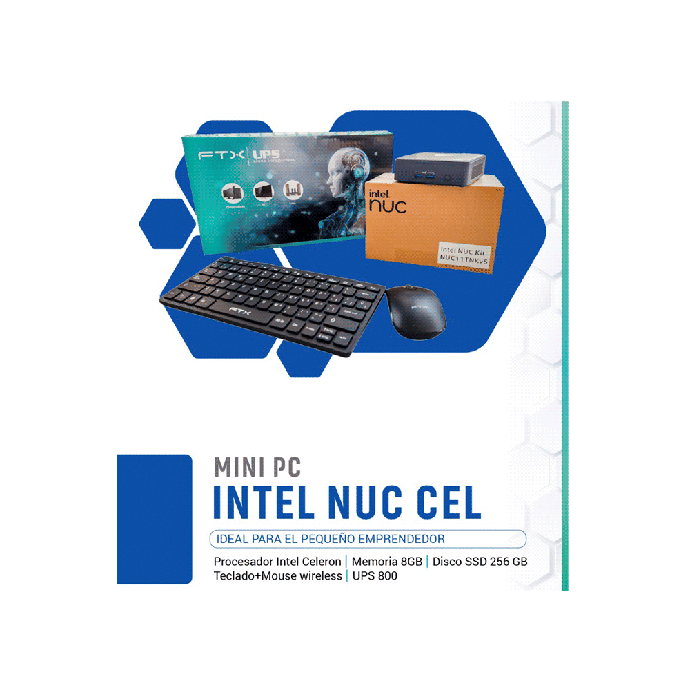 Mini pc intel nuc celeron 8gb/256gb+ teclado+ mouse wireless+ ups 800va