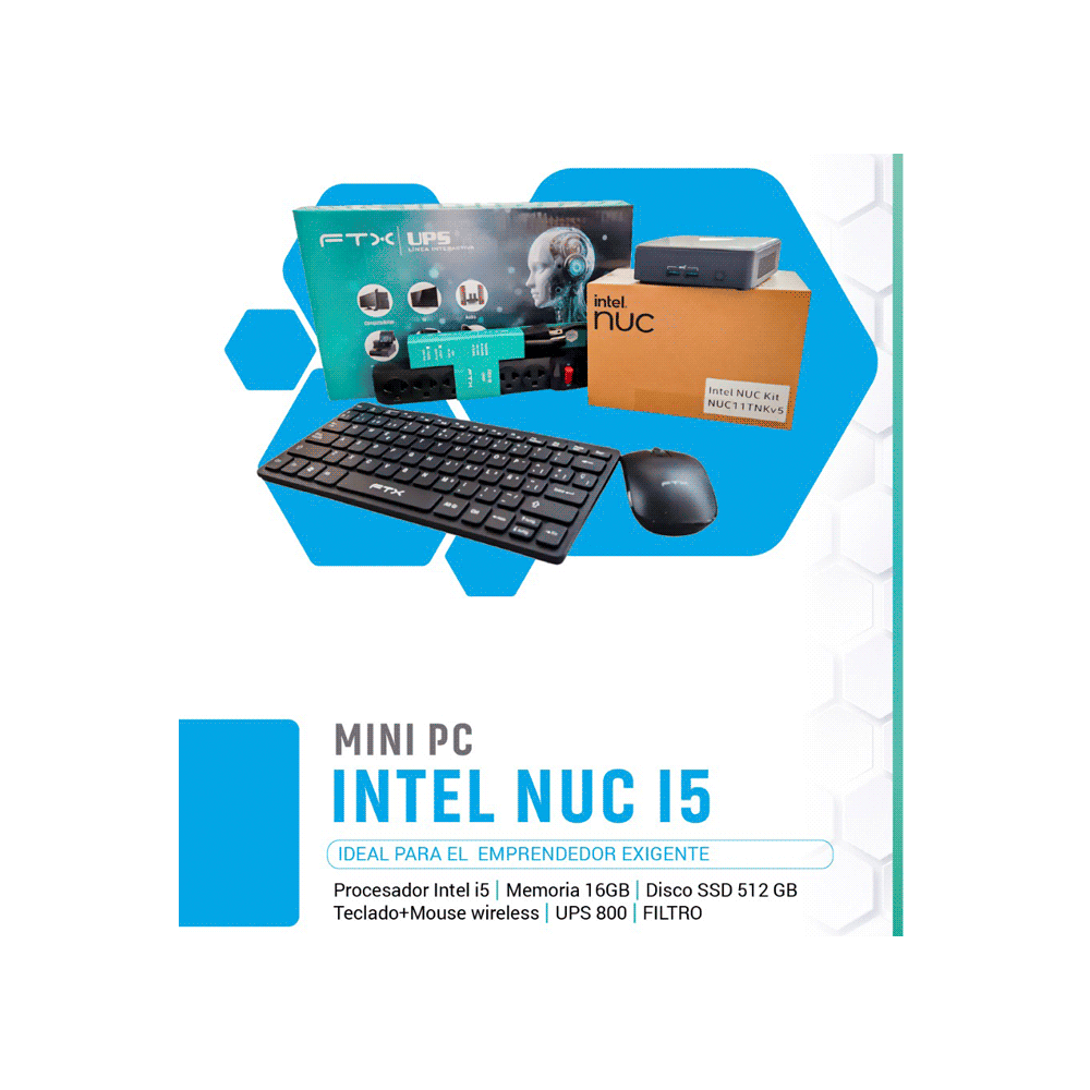 Mini pc intel nuc core i5 16gb/512gb+teclado+ mouse wireless+ ups 800va+ filtro de linea